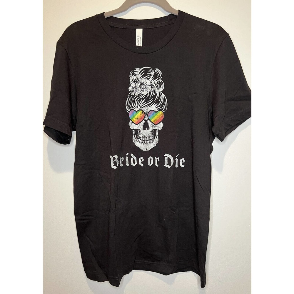 Bride or Die LGBTQ Skull T-Shirt Size M Black with Rainbow Accents ~ NEW